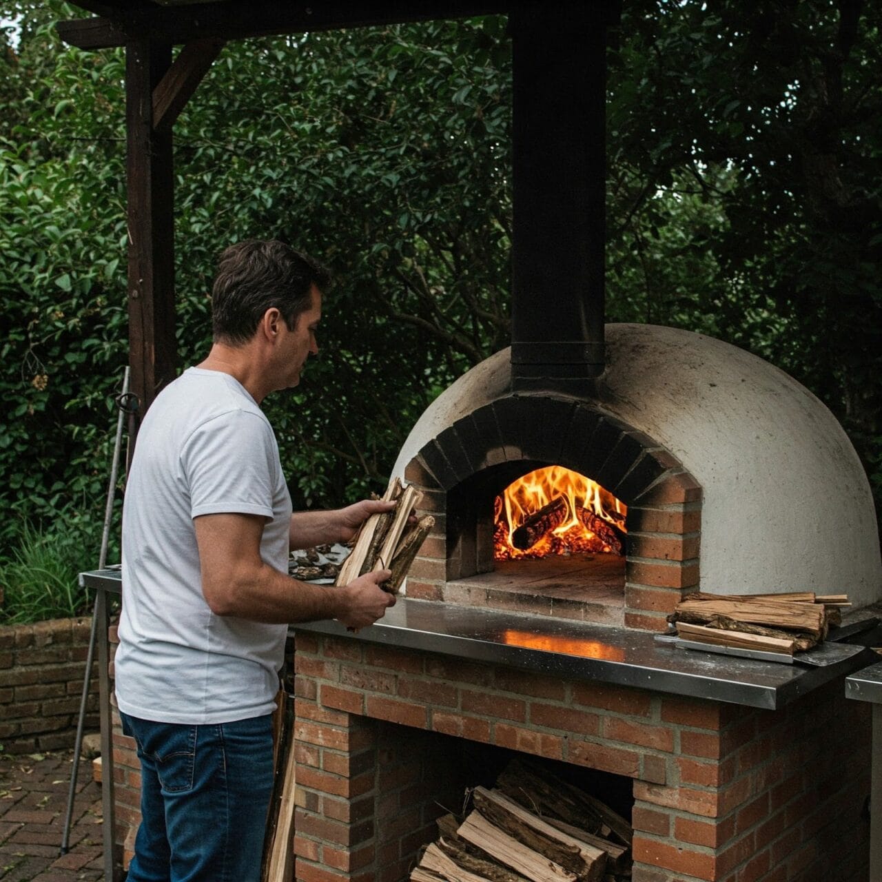 person using a stone oven